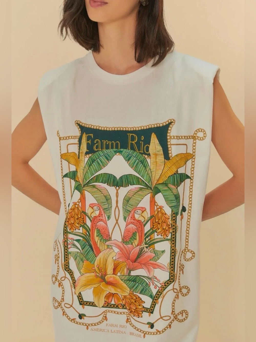 ⚜️ FARM Rio White Tank Mini T-shirt Dress with Beautiful Tropical Print - Picture 11 of 11